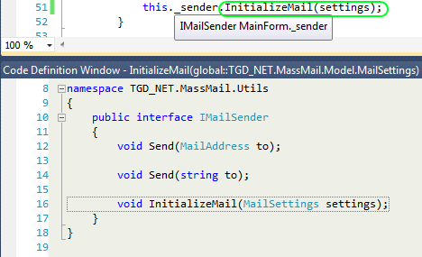 Code definition window - interface